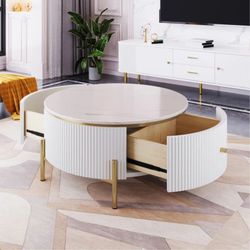 Modern Round Coffee Table With 2 Large Drawers Storage Accent Table(31.5'')