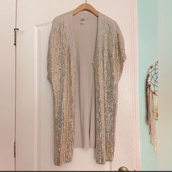 Women’s Gold Sequin Long Beige Short Sleeve Slit Sweater Kimono