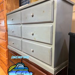 New Grey Solid Pinewood Six Drawer Wide Dresser 