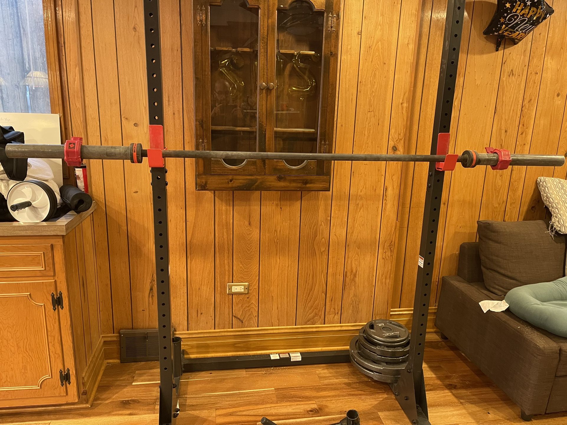 Used Cap Strength Olympic Style Barbell With Pull Up Rack, Weights, Angled Landmine Handle,  T-bar  Row Platform