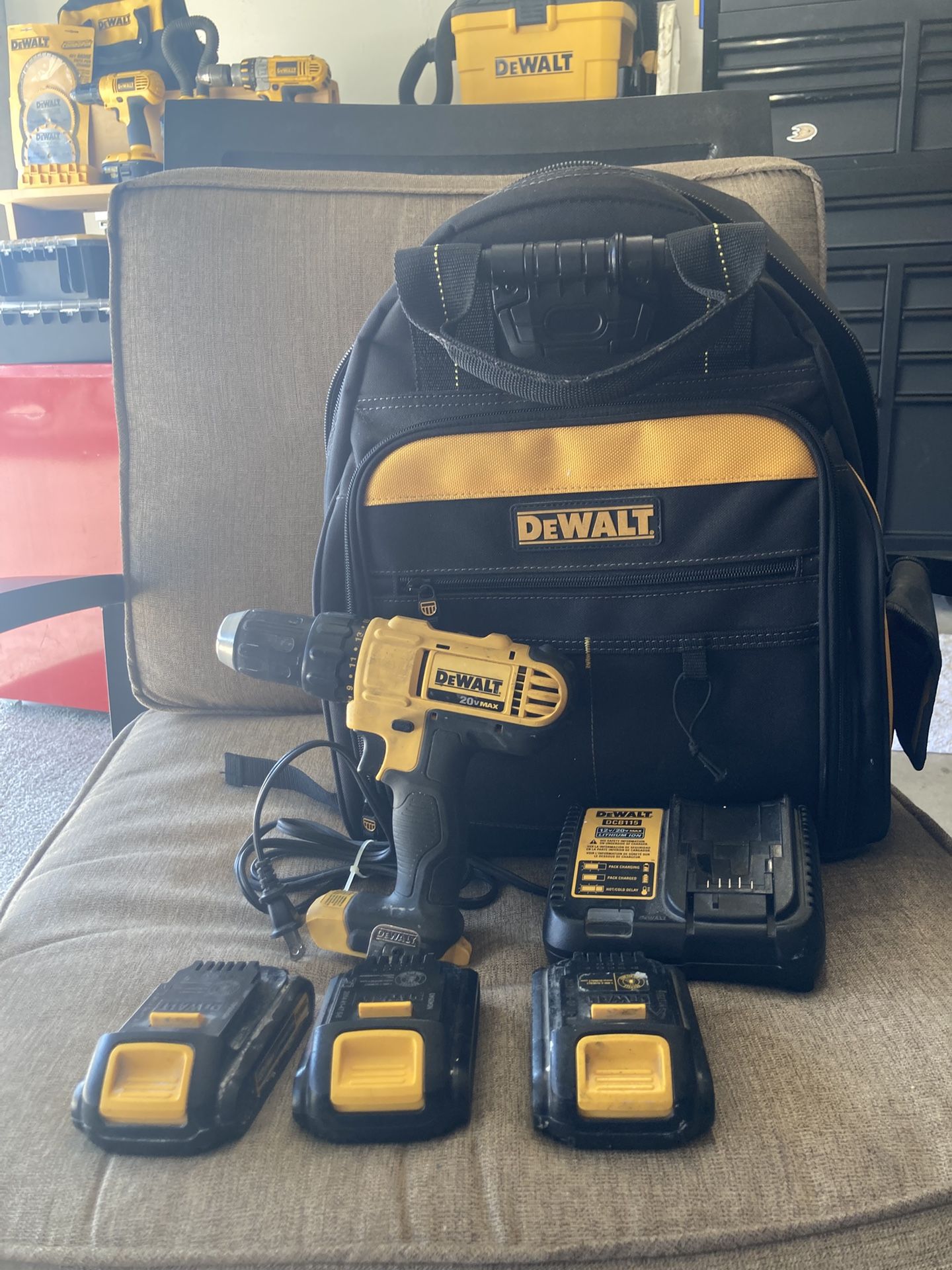 Dewalt Tool Sale! 57 Compartment Dewalt Tool Backpack w/Light - Cordless Drill - 4 Batteries 20V - Charger - Quick & Easy Porch/ Patio Pickup