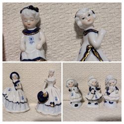 Set Of 7 Porcelain Figurines Blue White Poland VTG