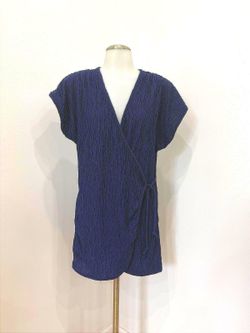 70s 80s Navy Blue Textured Wrap Dress with Tie Waist