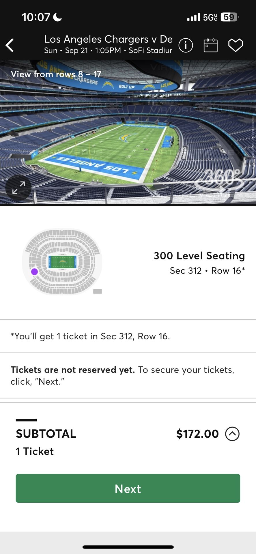 1 TICKET BRONCOS @ CHARGERS 9/20