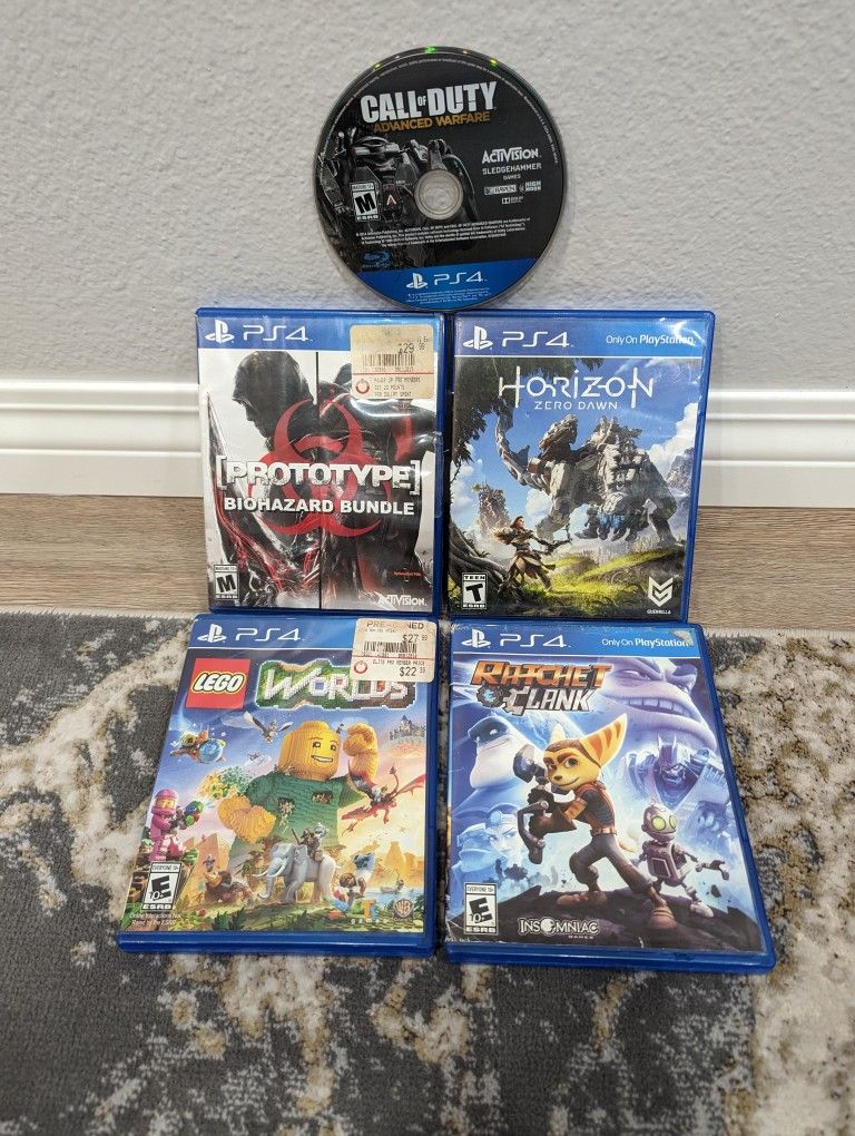 Lot Of 5 PS4 Games Lego Worlds, Horizon, Ratchet Clank, Call Of Duty, Prototype