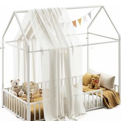 Twin Floor Bed Frame with Roof & Fence Guardrails Metal House Bed with the mattress Twin Size