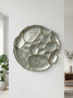 16" Organic Silver-Green Glass Wall Sculpture - Irregular Pebble Texture Modern Wall Art