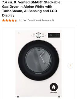 7.4 cu. Ft. Vented SMART Stackable Gas Dryer in Alpine White with TurboSteam, AI Sensing and LCD Display

Brand new in the box $800 or best offer