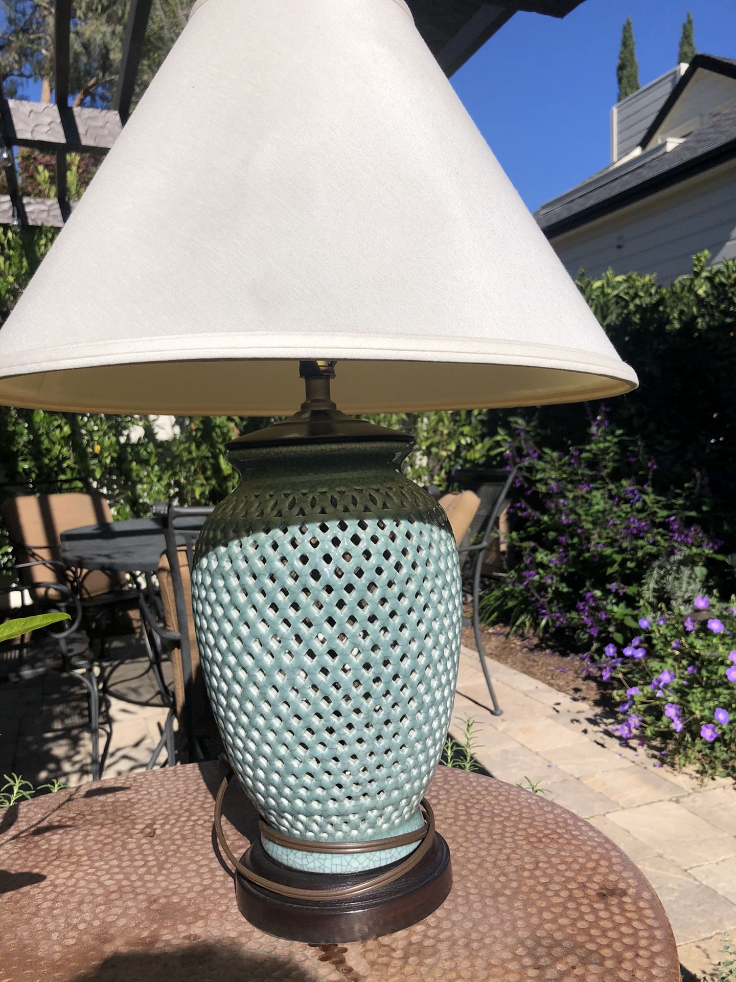 Lamp, Jade colored ceramic lattice work