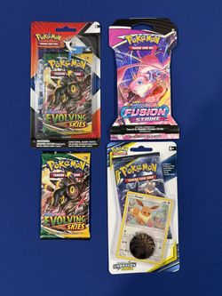 Pokémon Sealed Packs 1 Loose Evolving Skies 1 ; 1 ~ Evolving Skies Random 2 Pack Pin ; 1 Unbroken Bonds Eevee Art Blister ; 1 Fusion Strike Sleeved