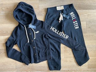 2 NEW Hollister Navy Blue Hoodie Sweatshirt button Up Jacket + Crop Pants