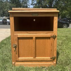 Vintage White Clad Oak Ice Box Style Cabinet Chest End Table 34” Tall Swivel Top