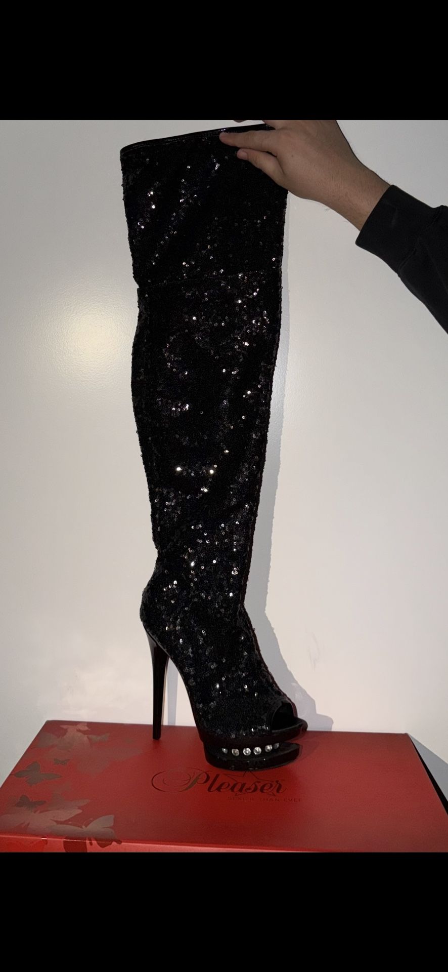 Black Sequin Rhinestone Thigh-High Platform Boots β by Pleaser