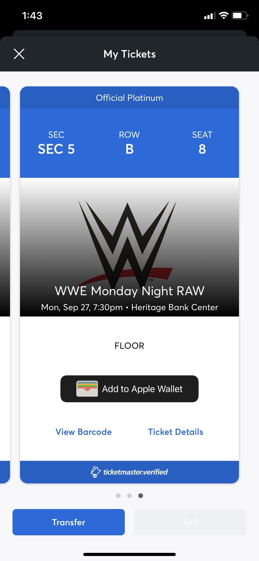 WWE RAW CINCY FLOOR SEAT 