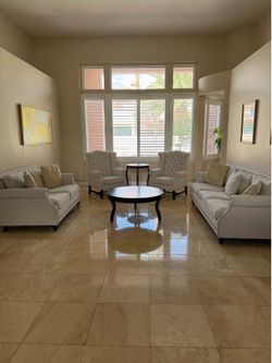 9 Piece Living Room Furniture Package.   Couch, Loveseat, 2 Chairs, Coffee Table, 4 Accent tables.  Includes 3 Framed Artwork & Throw pillows
