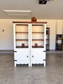 Rustic White Wood Cabinet with Open Shelving