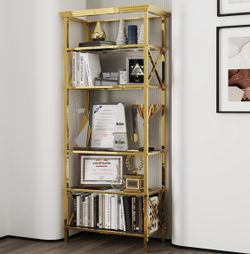 Gold Bookcase, 71" Tall Stainless Steel Book Shelf,  6Tier Glossy Glass Display Book Shelf for Book, Luxury Goods, Decorations
