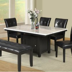 Brand New White Marble Black Finish Dining Set With A Storage Base ,Leather Chairs & Matching Bench 
