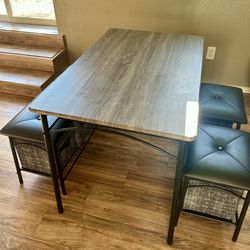 Gray Dining Table Set (Bench + 2 Stools) + 5 Storage Cubes