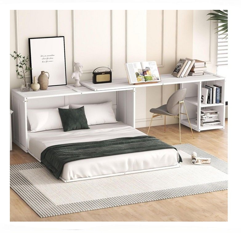 New White Queen size Murphy bed with rotating desk wall pull down hidden fold combo