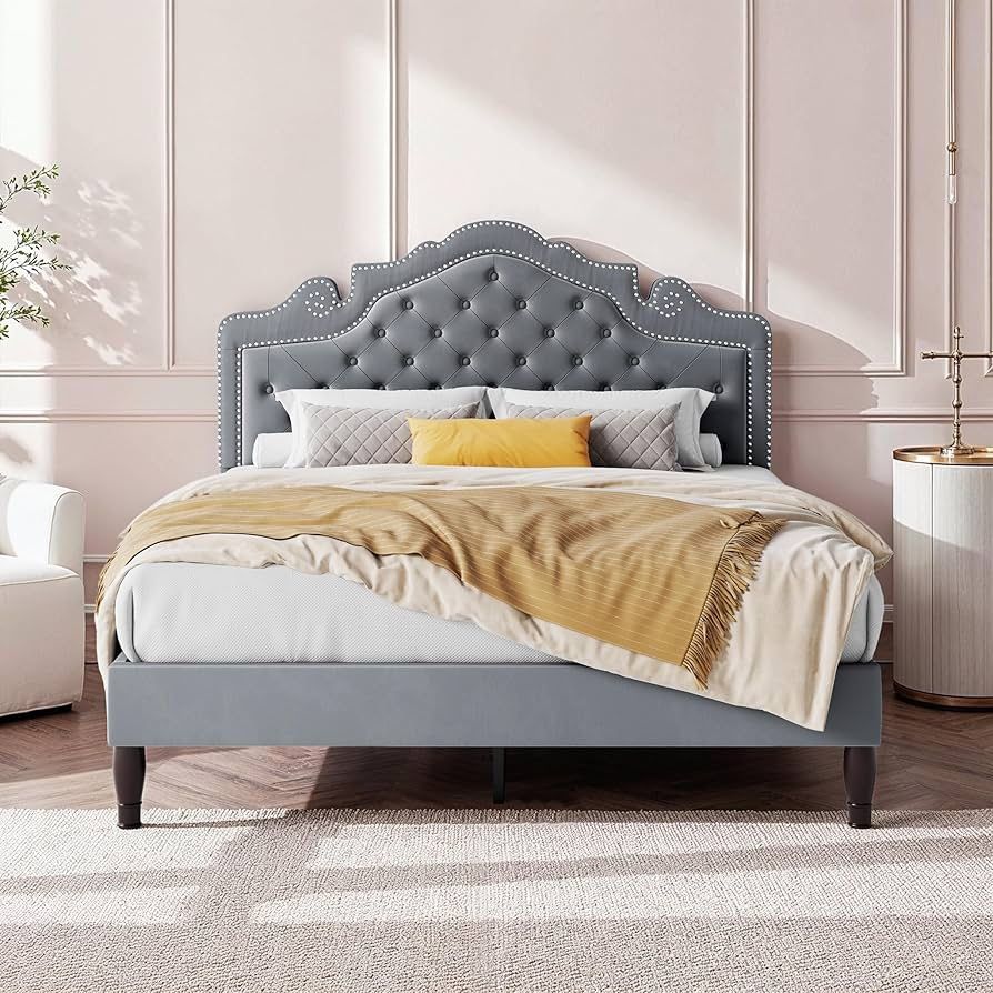 Queen Size Bed Frame with Adjustable Velvet Tiara Headboard, Upholstered Diamond Button Tufted Platform Bed, Wood Slats Support, No Box Spring Needed,