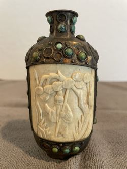Antique Tibetan Bone and Turquoise Snuff Bottle with Carve Plaques 