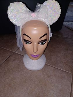 White Sequin Minnie Ears Bridal Veil Headband
