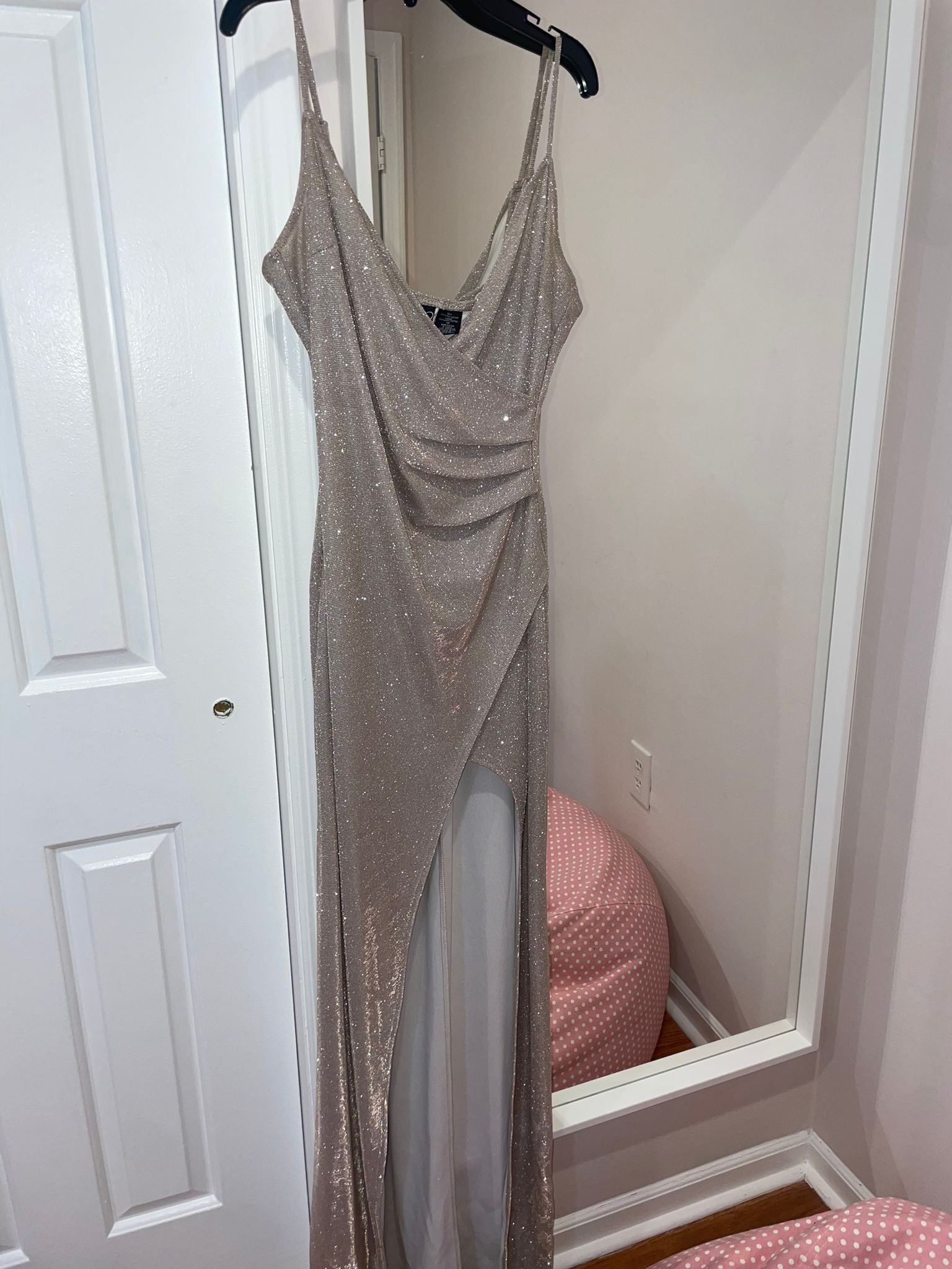 Sparkly long dress with slit, Size : M ,  Brand: Windsor Color: Light Pink/Silver Price: $75