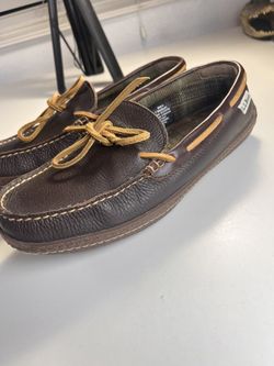 L.L. Bean Brown Leather Slip On Moccasin Flannel Lined Slippers Men's 7