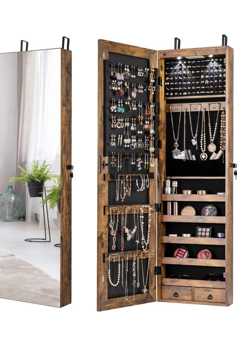 Giantex Wall Door Mounted Jewelry Armoire Cabinet with 47.5" H Full Length Mirror, 2 LEDs Lockable Jewelry Organizer Box with Bracelet Rod, 2 Drawers,