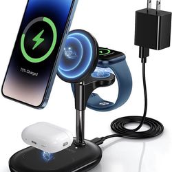 3 in 1 Wireless Charging Station for Apple MagSafe Charger, 15W Fast Magnetic Mag-Safe Charger Stand for iPhone 14 13 12 Series Apple Watch AirPods Mu
