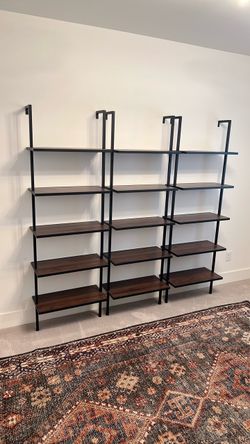 3 metal and walnut wall mounted bookshelves