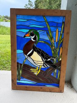 Large Framed Stained Glass Window - Wood Duck Wildlife Scene (23x34)