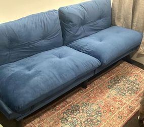 Blue velvet convertible futon sofa bed