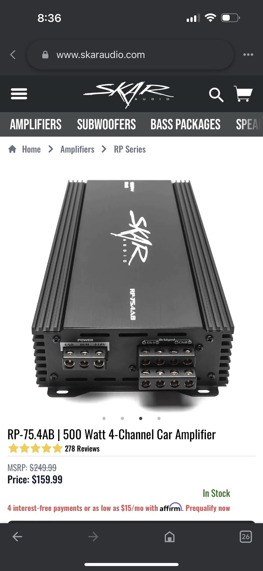Skar Audio RP-75.4AB 500 Watt A/B 4 Ch Car Amp