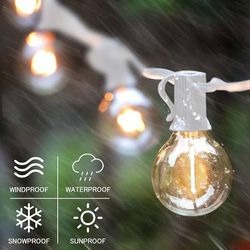 White Outdoor String Lights, 48FT White Patio Lights with 25 G40 Shatterproof LED Bulbs(1 Spare), Waterproof Hanging Outside Lights for Porch, Deck, G