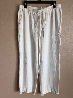 Indero Linen Blend Wide Leg Drawstring Cream Pants with Pockets Small Flaws