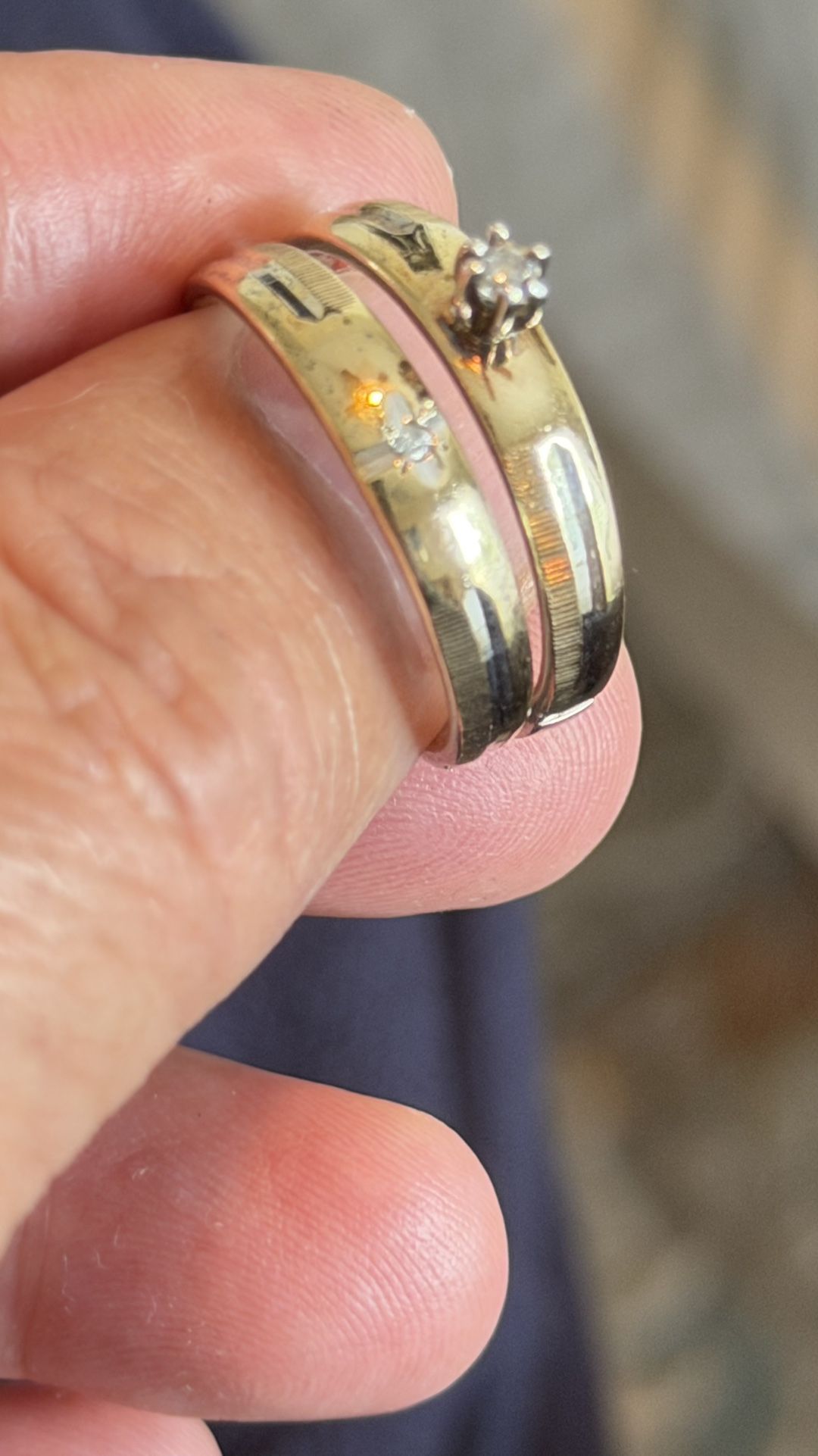 Vintage Pair 10k Solid Gold ( The Upper Half) And Sterling Silver (lower Half) Engagement Rings With Natural Diamonds 