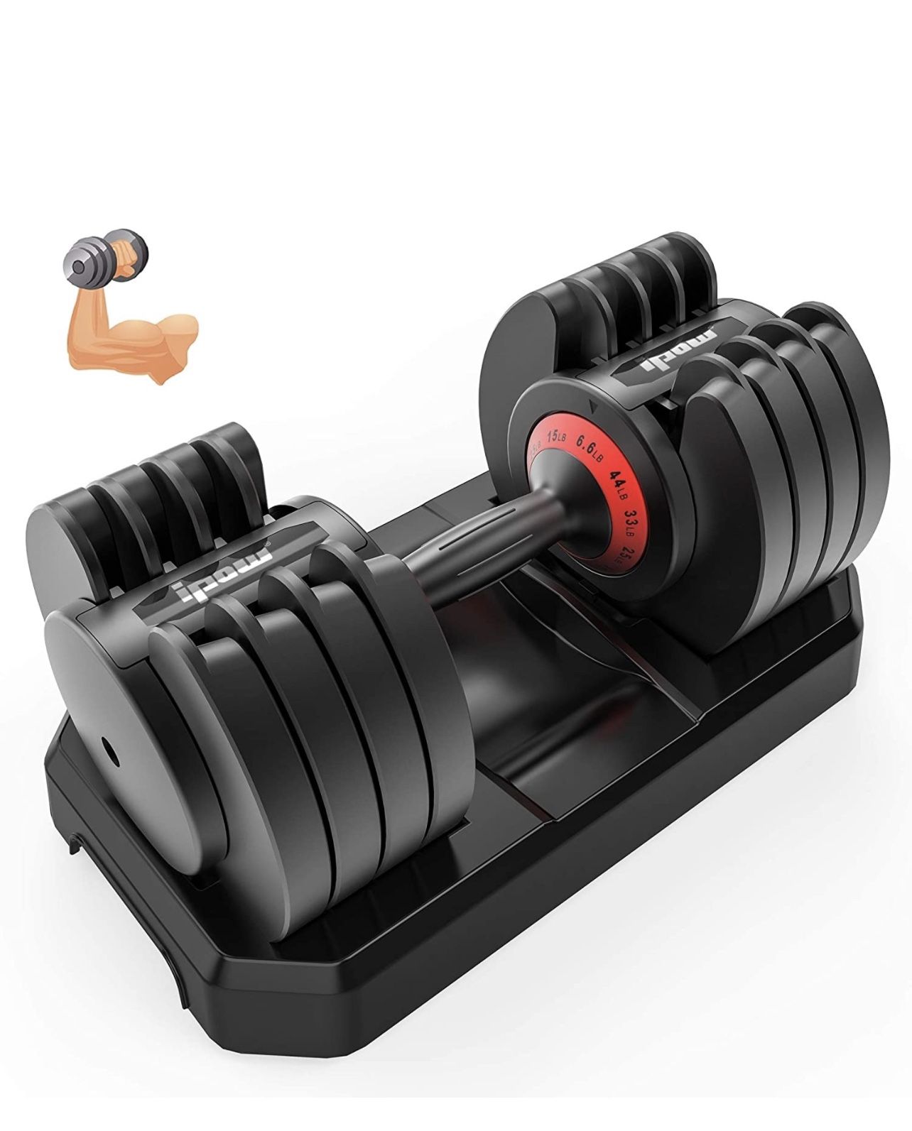 IPOW Adjustable Dumbbell 5-25/6.6-44 LB Single Black Dumbbell Set with Tray for Men Women|Anti-Slip Silicone Covered Metal Handle|Extra Safe Lock Syst