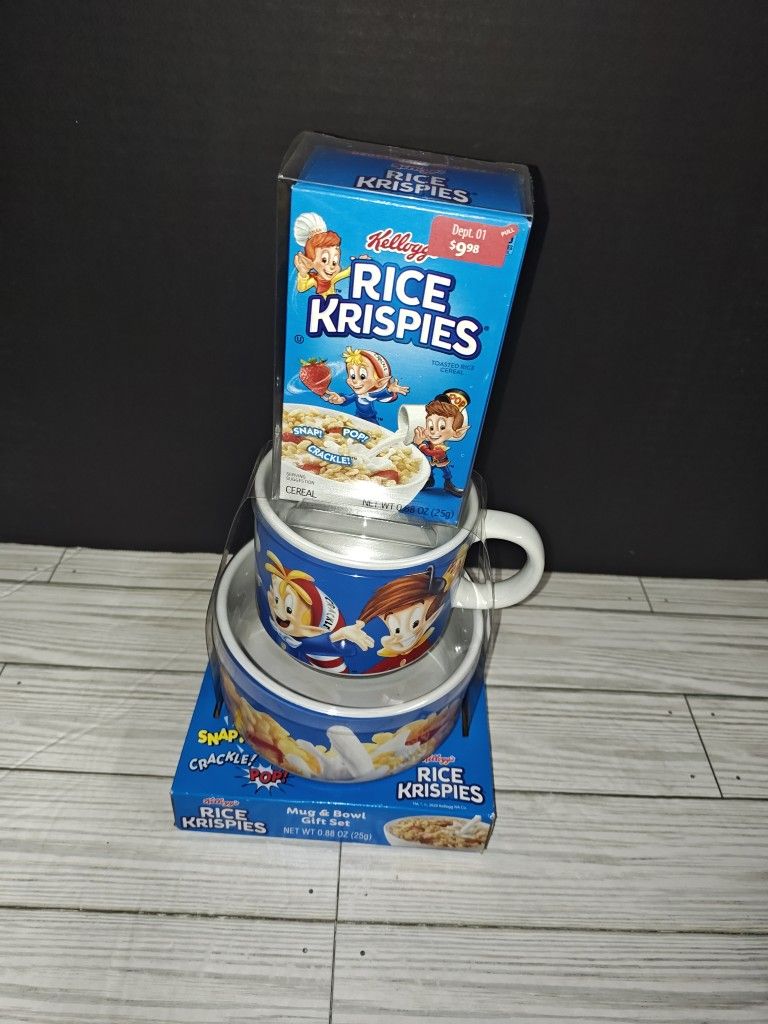 Kellogg's Snap Crackle Pop Rice Krispies Collectible Dish Bowl Cup Mug Set NEW