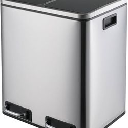 O338 $45  Gallon Dual Trash Can, 30L(2X15L) Stainless Steel Kitchen Garbage Can, Step-on Classified Recycle Garbage Bin with Removable Inner Buckets, 