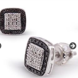 Powerful Mens 14K White Gold Over Solid Sterling Silver 1/4 CTW Black and White Diamonds Designer Earrings
