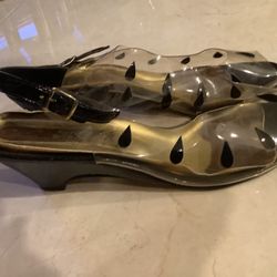 Shoes Open Toe Heel Strap Clear Lucite Type With Wedge black  Teardrop Design Fits Size 11 Womans