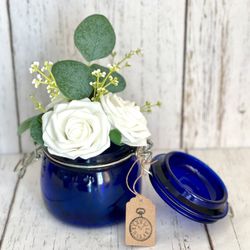 Vintage Cobalt Blue Jar with Faux Silk Flowers