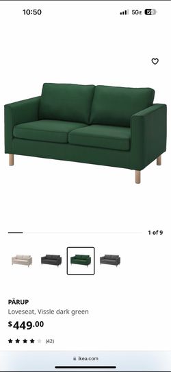 Forest Green IKEA Loveseat Couch Sofa Wooden Legs