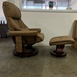 Recliner Chair & Ottoman w/ Massage and Lumbar Pillow, 360 Degree Swivel Wood Base, Faux Leather 9068