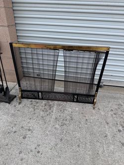 Black Metal and Brass Fireplace Screen and 3 piece set
