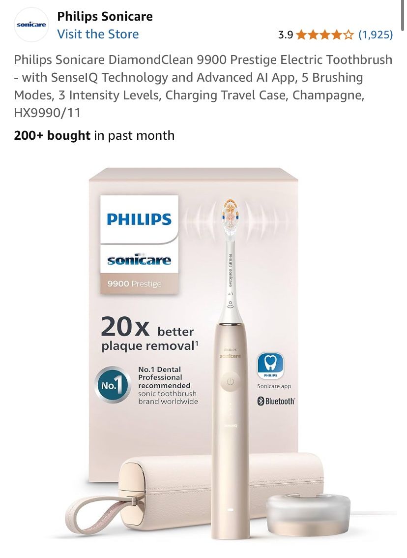 Philips Sonicare DiamondClean 9900 Prestige Electric Toothbrush - with SenseIQ Technology and Advanced AI App, 5 Brushing Modes, 3 Intensity Levels, C