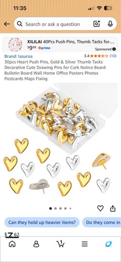 Heart Push Pins Gold and Silver 30-Pack