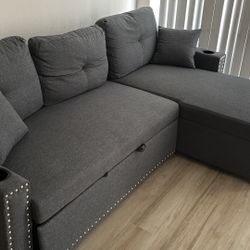 Moving -Like New, Grey Sectional Sofa Pullout Bed Gray Studded Couch